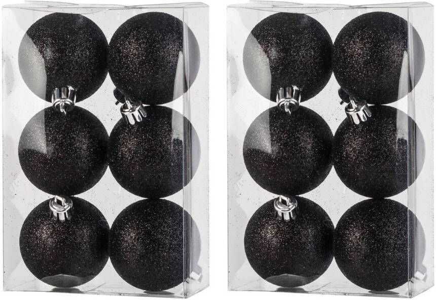 Cosy & Trendy 12x Kunststof kerstballen glitter zwart 6 cm kerstboom versiering decoratie Kerstbal