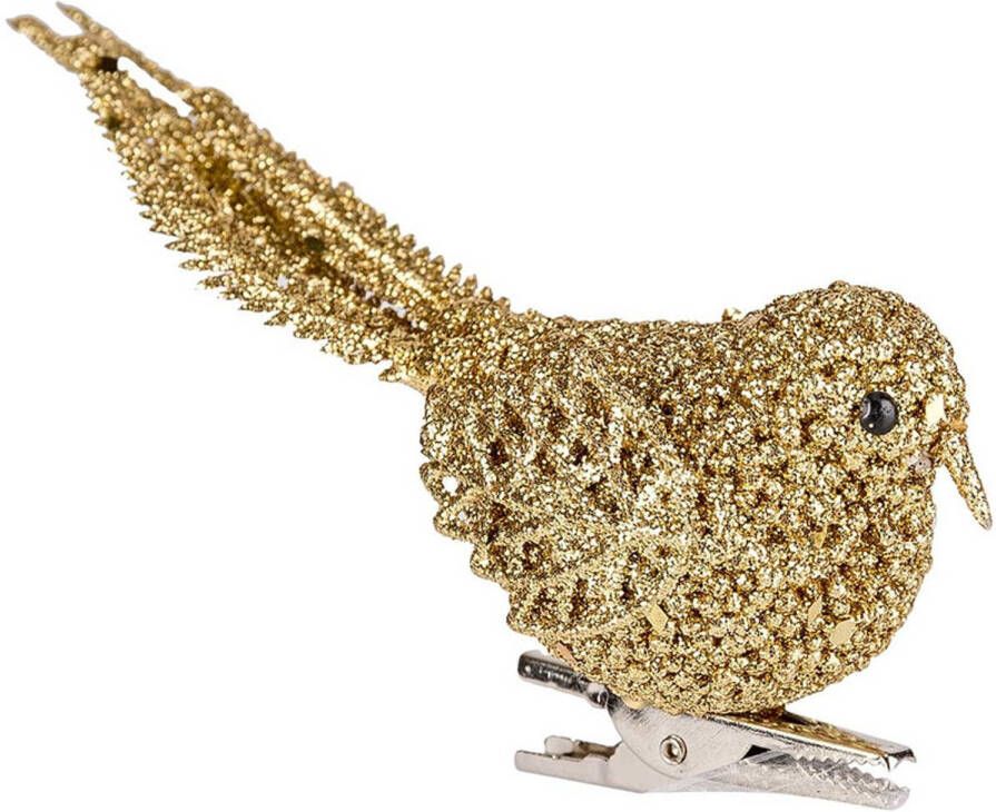 Cosy & Trendy 1x Kerstboomversiering glitter gouden vogeltjes op clip 12 cm Kersthangers