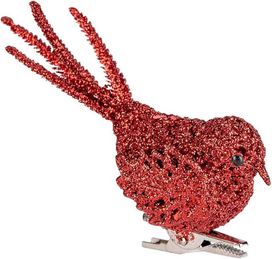 Cosy & Trendy 1x Kerstboomversiering glitter rode vogeltjes op clip 12 cm Kersthangers