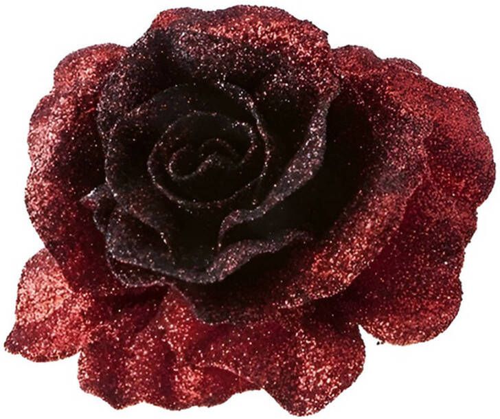 Cosy & Trendy 1x Kerstversieringen glitter roos rood op clip 10 cm Kersthangers