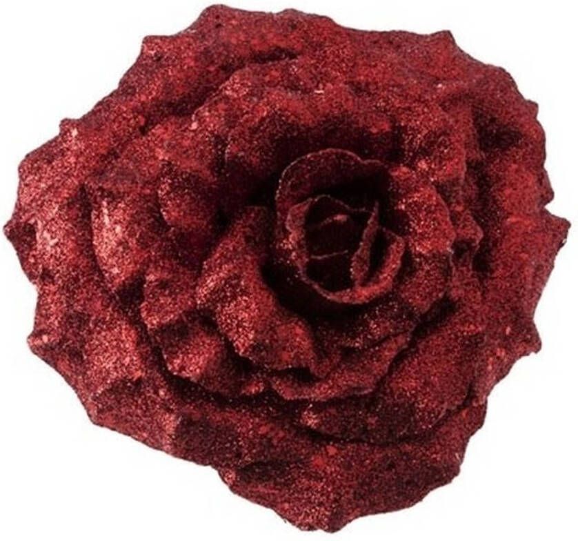 Cosy & Trendy 1x Kerstversieringen glitter roos rood op clip 18 cm Kersthangers