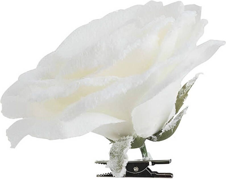 Cosy & Trendy 1x Kerstversieringen witte roos met sneeuw op clip 15 x 5 cm Kersthangers