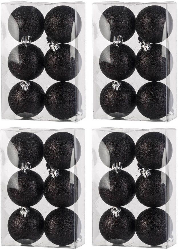 Cosy & Trendy 24x Kunststof kerstballen glitter zwart 6 cm kerstboom versiering decoratie Kerstbal
