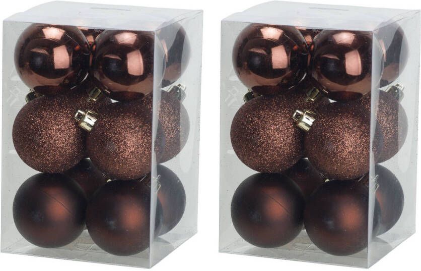 Cosy & Trendy 24x stuks kunststof kerstballen donkerbruin 6 cm mat glans glitter Kerstbal