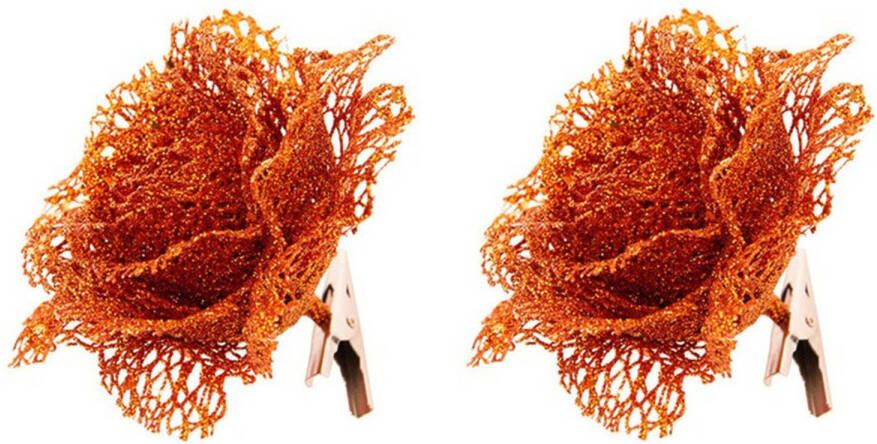 Cosy & Trendy 2x Glitter bloemen op clip oranje 10 cm feestversiering Kunstbloemen