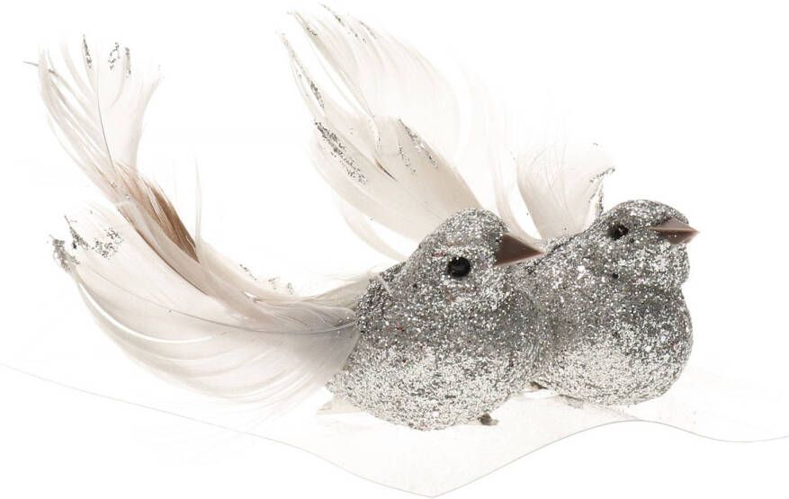 Cosy & Trendy 2x Kerst decoratie gliter vogeltje op clip zilver Kersthangers