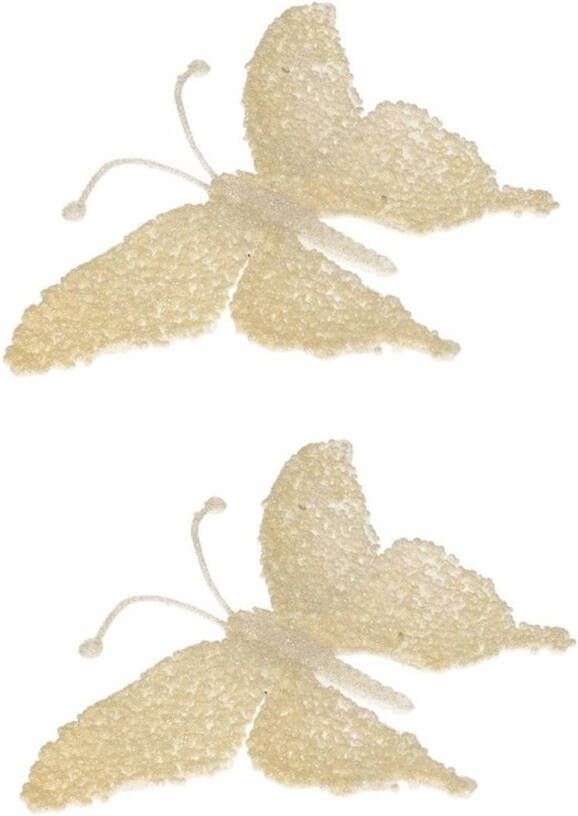 Cosy & Trendy 2x Kerst decoratie vlinder creme glitter Kersthangers