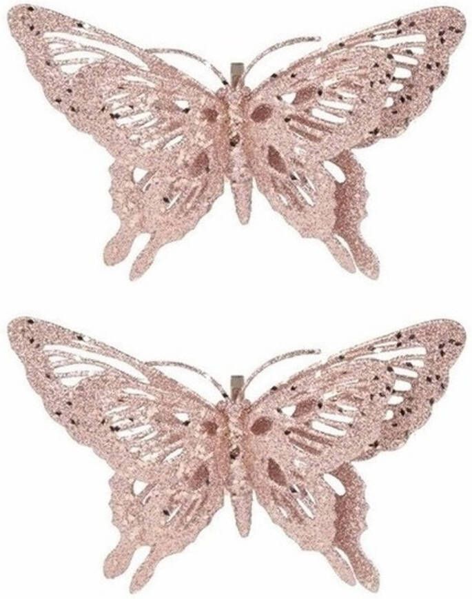Cosy & Trendy 2x Kerst decoratie vlinder roze 15 x 11 cm Kersthangers