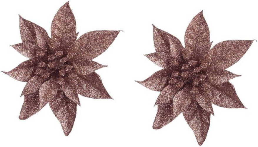 Cosy & Trendy 2x Kerstversieringen glitter kerstster donker beige op clip 15 cm Kersthangers