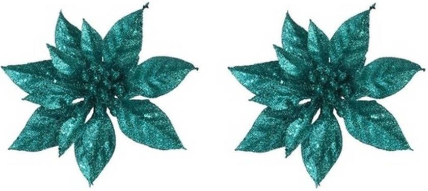 Cosy & Trendy 2x Kerstversieringen glitter kerstster emerald groen op clip 15 cm Kersthangers