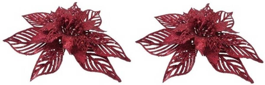 Cosy & Trendy 2x Kerstversieringen glitter kerstster rood op clip 18 cm Kersthangers