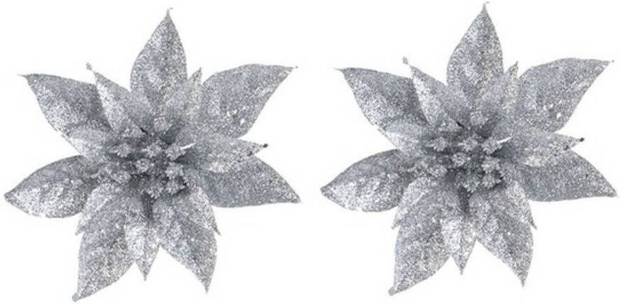 Cosy & Trendy 2x Kerstversieringen glitter kerstster zilver op clip 15 cm Kersthangers