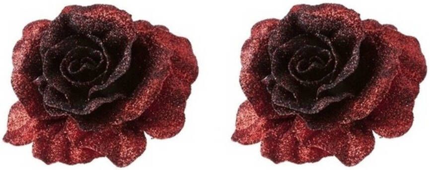 Cosy & Trendy 2x Kerstversieringen glitter roos rood op clip 10 cm Kersthangers