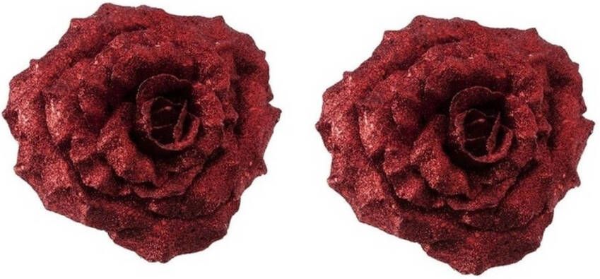 Cosy & Trendy 2x Kerstversieringen glitter roos rood op clip 18 cm Kersthangers