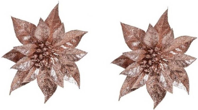 Cosy & Trendy 2x Kerstversieringen kerststerren bloemen oud roze op clip Kersthangers