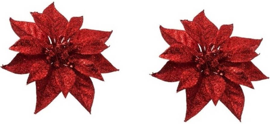 Cosy & Trendy 2x Kerstversieringen kerststerren bloemen rode op clip Kersthangers