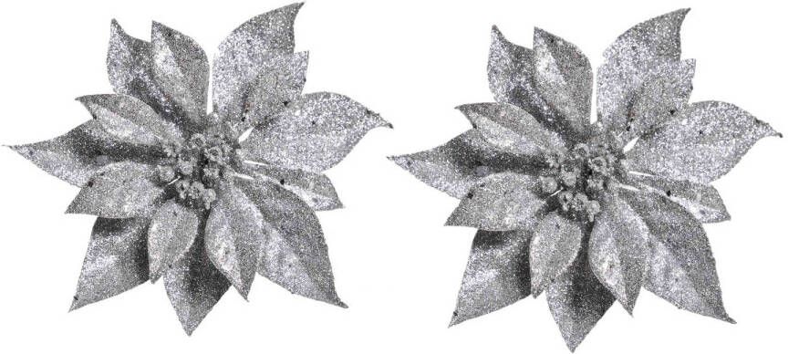 Cosy & Trendy 2x Kerstversieringen kerststerren bloemen zilver op clip Kersthangers