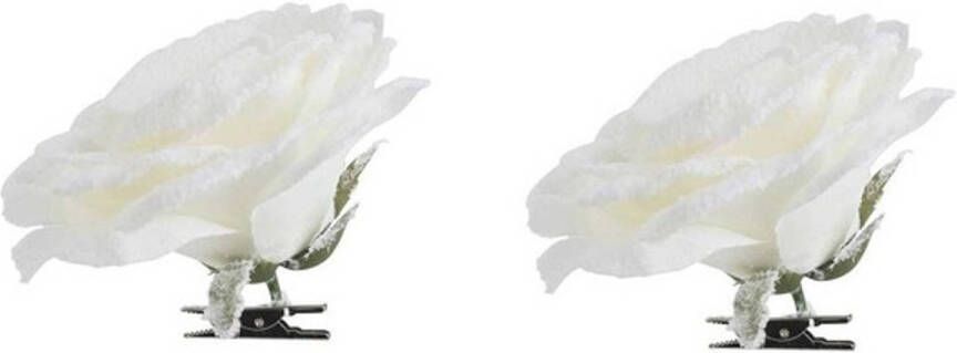 Cosy & Trendy 2x Kerstversieringen witte roos met sneeuw op clip 15 x 5 cm Kersthangers