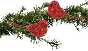 Cosy @ Home 2x Stuks Decoratie Vogels Op Clip Glitter Rood 12 Cm Kersthangers