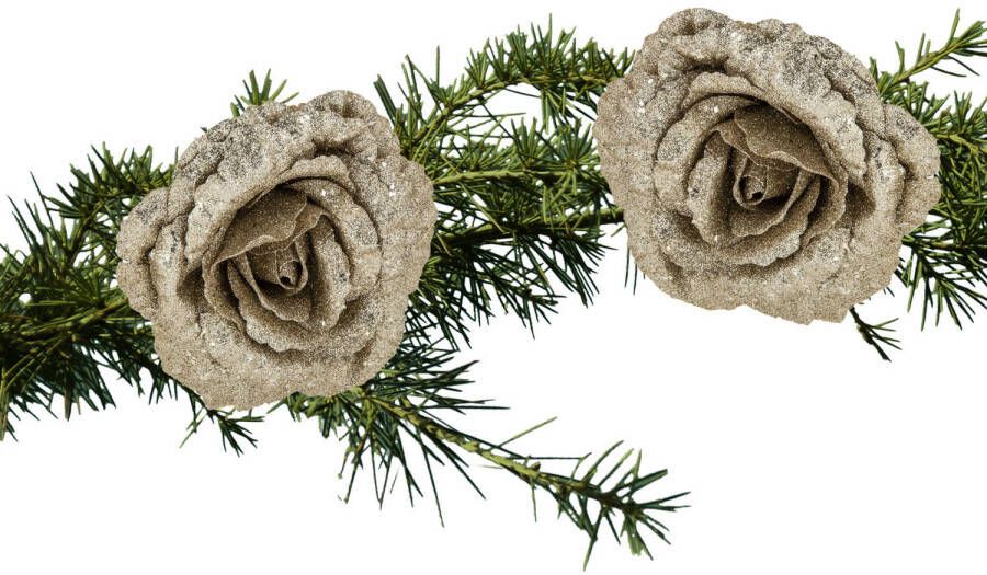 Cosy & Trendy 2x stuks kerstboom bloemen roos champagne glitter op clip 18 cm Kersthangers