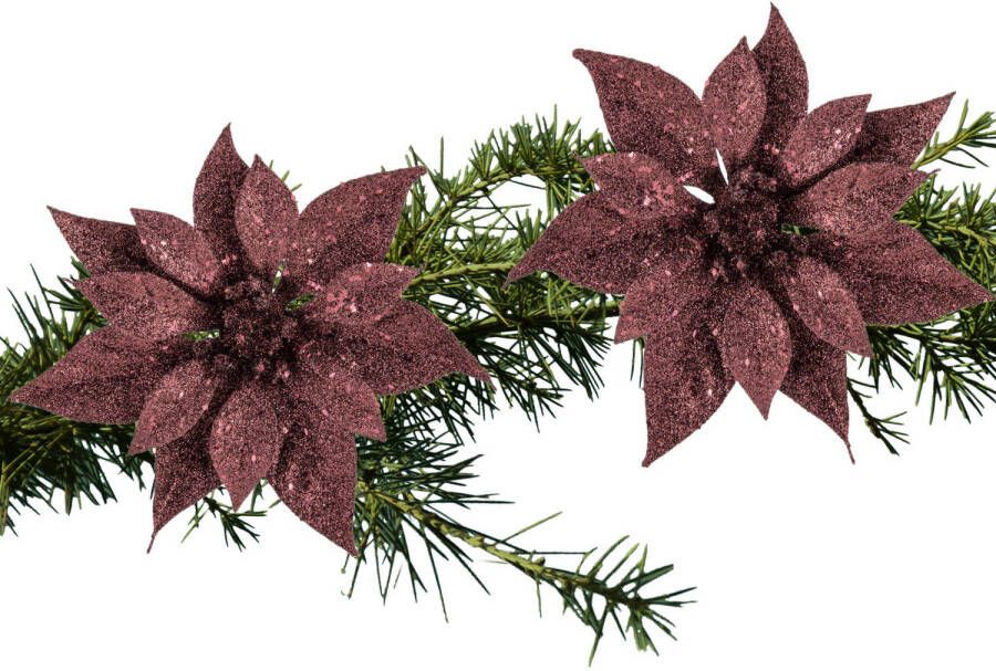 Cosy & Trendy 2x stuks kerstboom decoratie bloemen donkerrood glitter op clip 18 cm Kersthangers