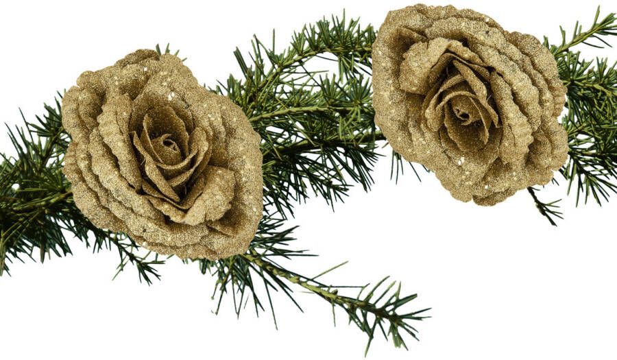 Cosy & Trendy 2x stuks kerstboom decoratie bloemen roos goud glitter op clip 18 cm Kersthangers