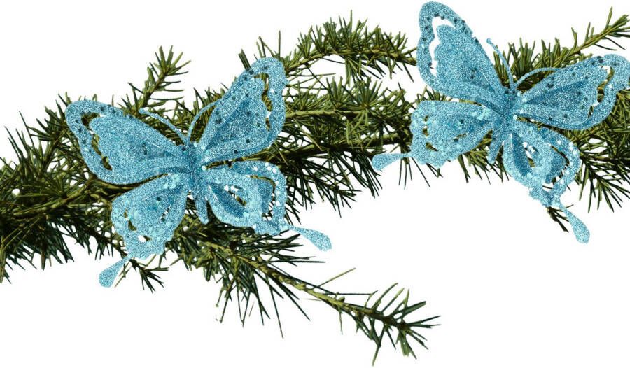 Cosy & Trendy 2x stuks kerstboom decoratie vlinders op clip glitter blauw 14 cm Kersthangers