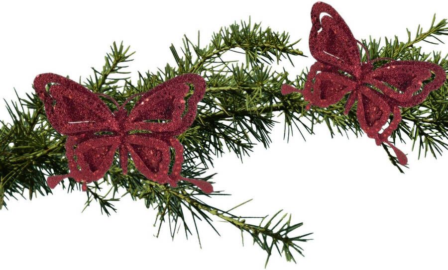 Cosy & Trendy 2x stuks kerstboom decoratie vlinders op clip glitter bordeaux rood 14 cm Kersthangers