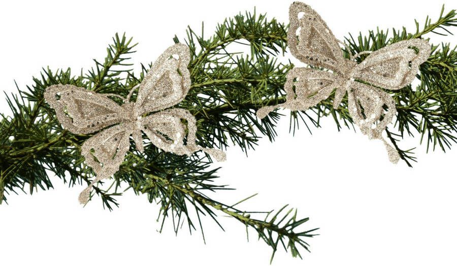 Cosy & Trendy 2x stuks kerstboom decoratie vlinders op clip glitter champagne 14 cm Kersthangers