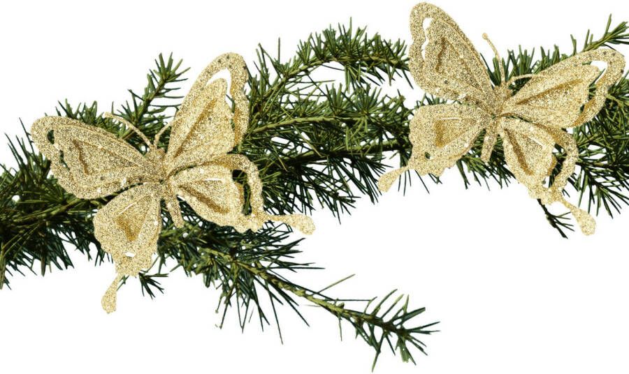 Cosy & Trendy 2x stuks kerstboom decoratie vlinders op clip glitter goud 14 cm Kersthangers
