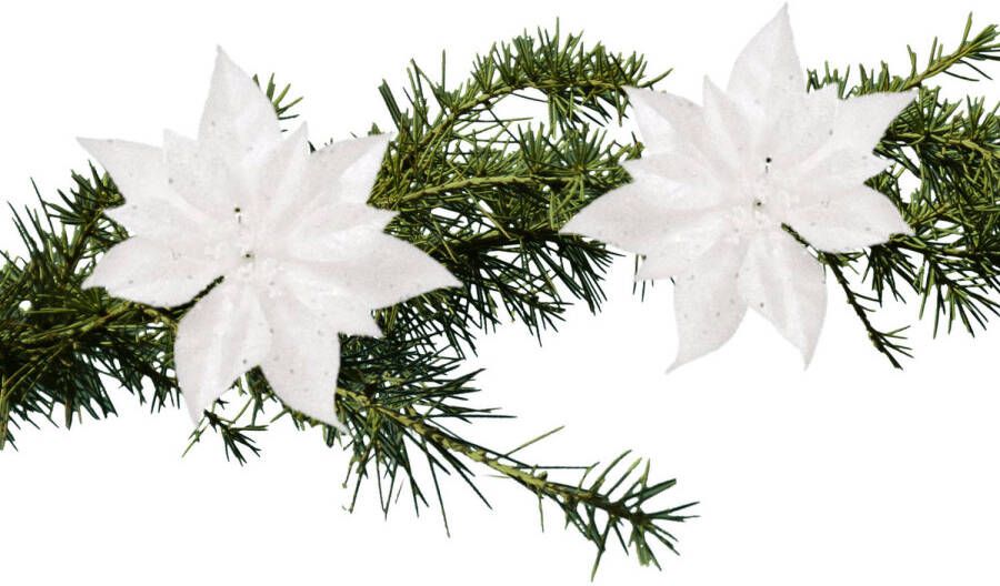 Cosy & Trendy 2x stuks kerstboomversiering kunstbloemen op clip wit 18 cm Kersthangers