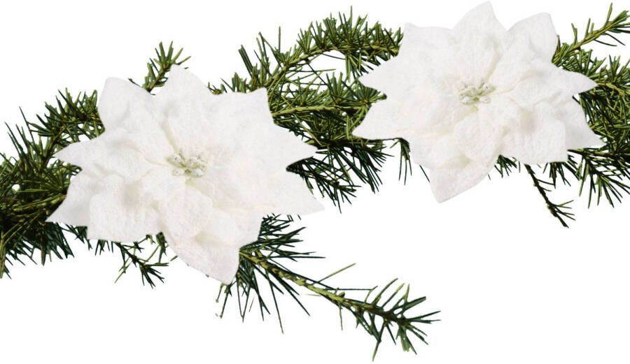 Cosy & Trendy 2x stuks kerstboomversiering op clip witte besneeuwde bloemen 15 cm Kersthangers