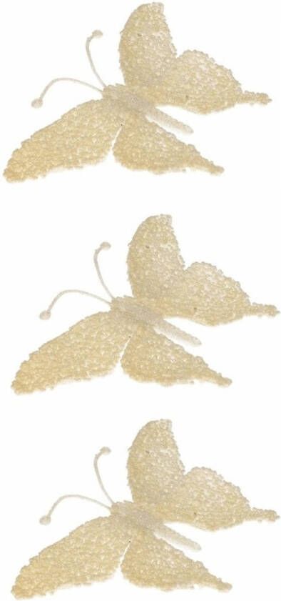 Cosy & Trendy 3x Kerst decoratie vlinder creme glitter Kersthangers