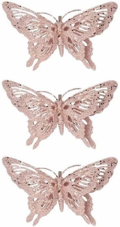 Cosy & Trendy 3x Kerst decoratie vlinder roze 15 x 11 cm Kersthangers