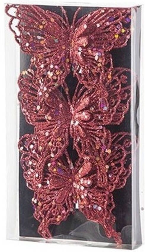 Cosy & Trendy 3x Kerstboomversiering vlinders op clip glitter rood 11 cm Kersthangers