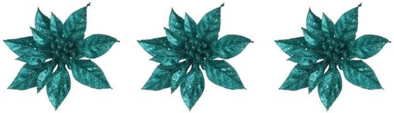Cosy & Trendy 3x Kerstversieringen glitter kerstster emerald groen op clip 15 cm Kersthangers