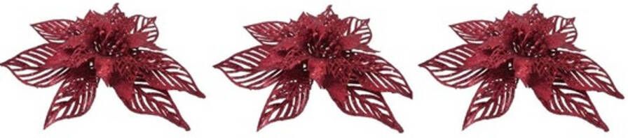 Cosy & Trendy 3x Kerstversieringen glitter kerstster rood op clip 18 cm Kersthangers