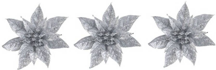 Cosy & Trendy 3x Kerstversieringen glitter kerstster zilver op clip 15 cm Kersthangers