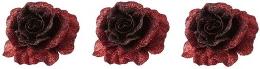 Cosy & Trendy 3x Kerstversieringen glitter roos rood op clip 10 cm Kersthangers