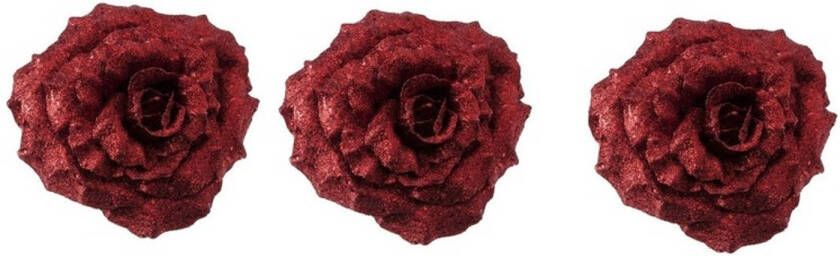 Cosy & Trendy 3x Kerstversieringen glitter roos rood op clip 18 cm Kersthangers