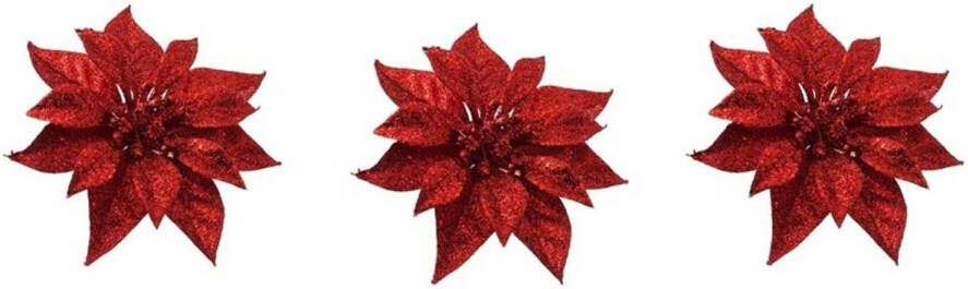 Cosy & Trendy 3x Kerstversieringen kerststerren bloemen rode op clip Kersthangers