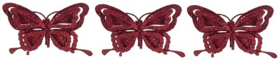 Cosy & Trendy 3x Kerstversieringen vlinder op clip glitter bordeaux rood 14 cm Kersthangers