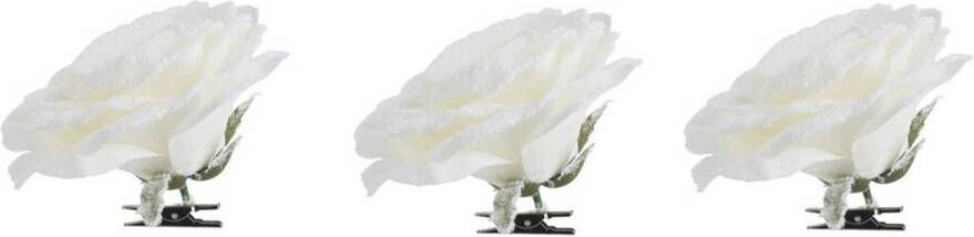 Cosy & Trendy 3x Kerstversieringen witte roos met sneeuw op clip 15 x 5 cm Kersthangers