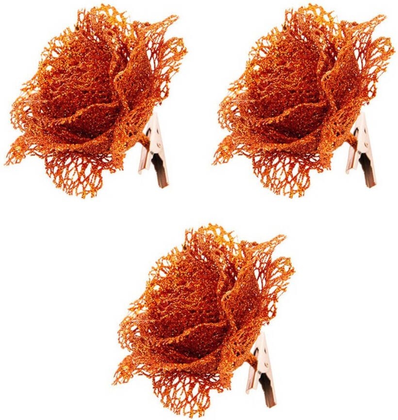 Cosy & Trendy Oranje kanten glitter roos op clip 10 cm Feestversiering decoratie Kunstbloemen