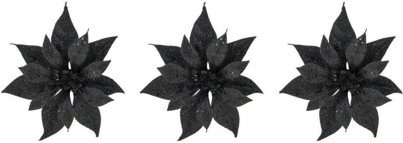 Cosy & Trendy 3x stuks decoratie bloemen kerstster zwart glitter op clip 18 cm Kunstbloemen