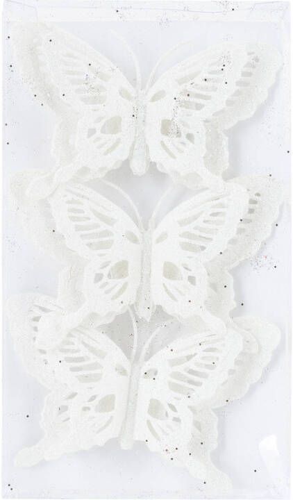Cosy & Trendy 3x stuks decoratie vlinders op clip glitter wit 14 cm Kersthangers