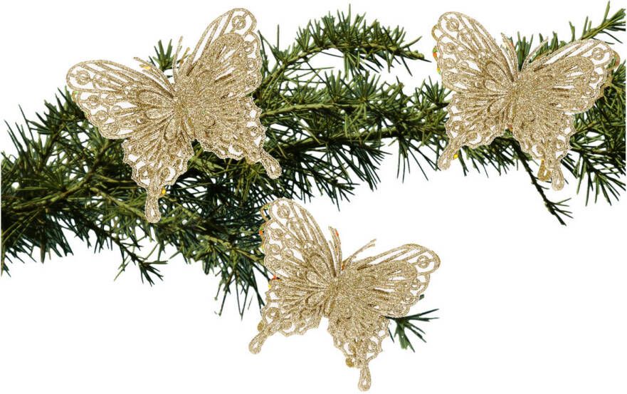 Cosy & Trendy 3x stuks kerstboom vlinders op clip glitter goud 11 cm Kersthangers