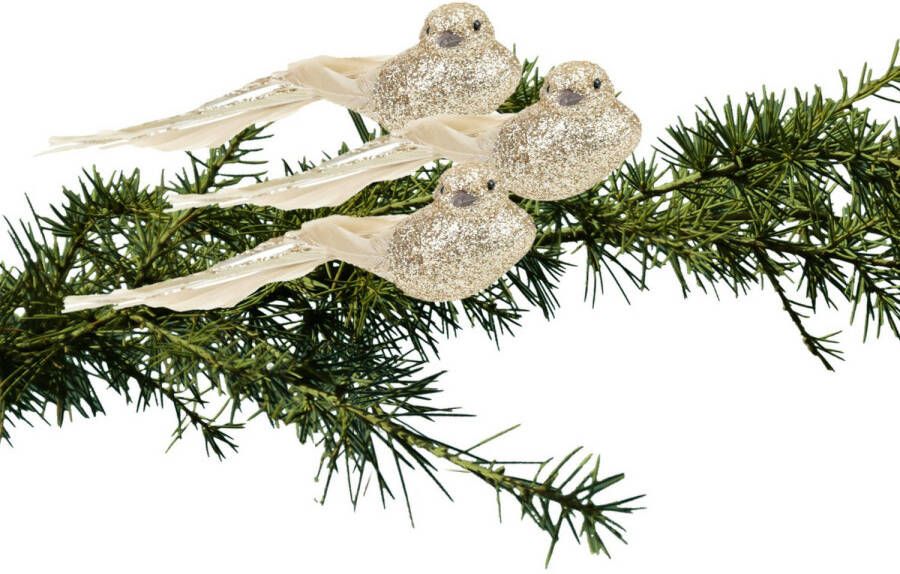 Cosy & Trendy 3x stuks kunststof decoratie vogels op clip goud glitter 21 cm Kersthangers