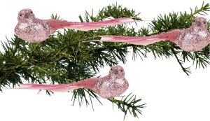 Cosy & Trendy 3x stuks kunststof decoratie vogels op clip roze glitter 21 cm Kersthangers