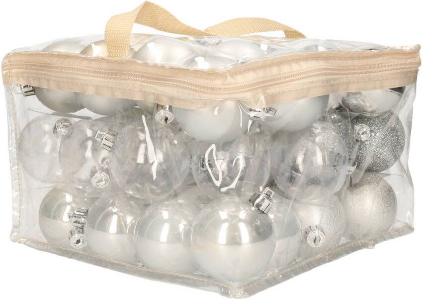 Cosy & Trendy 48x stuks kunststof kerstballen zilver 6 cm in opbergtas opbergbox Kerstbal